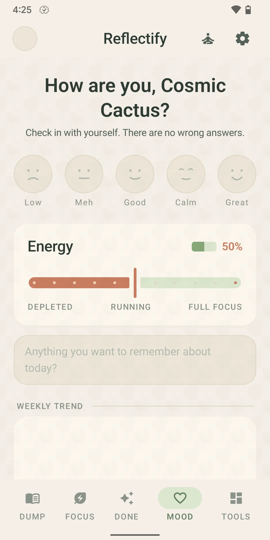 Reflectify Mood screen — weekly insights
