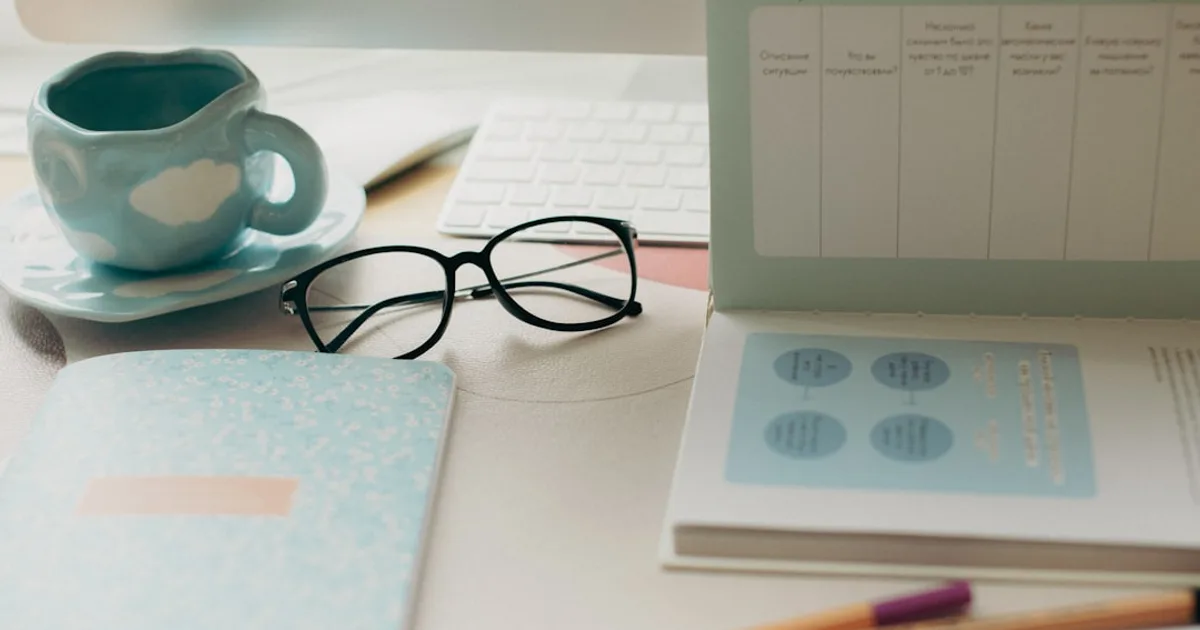 A calm desk setup featuring notebooks, glasses, and a coffee cup, ideal for enhancing focus and productivity.